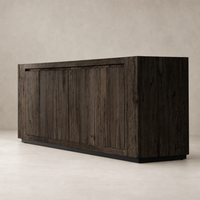 Biscay Sideboard in ebony rustic wormwood oak with sleek lines and textured finish.