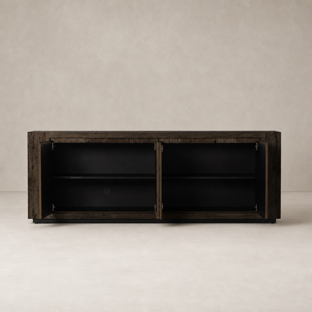 Biscay Sideboard in ebony rustic wormwood oak with sleek modern design and spacious interior.