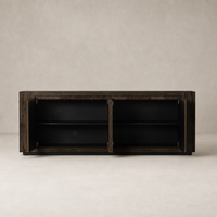 Biscay Sideboard in ebony rustic wormwood oak with sleek modern design and spacious interior.
