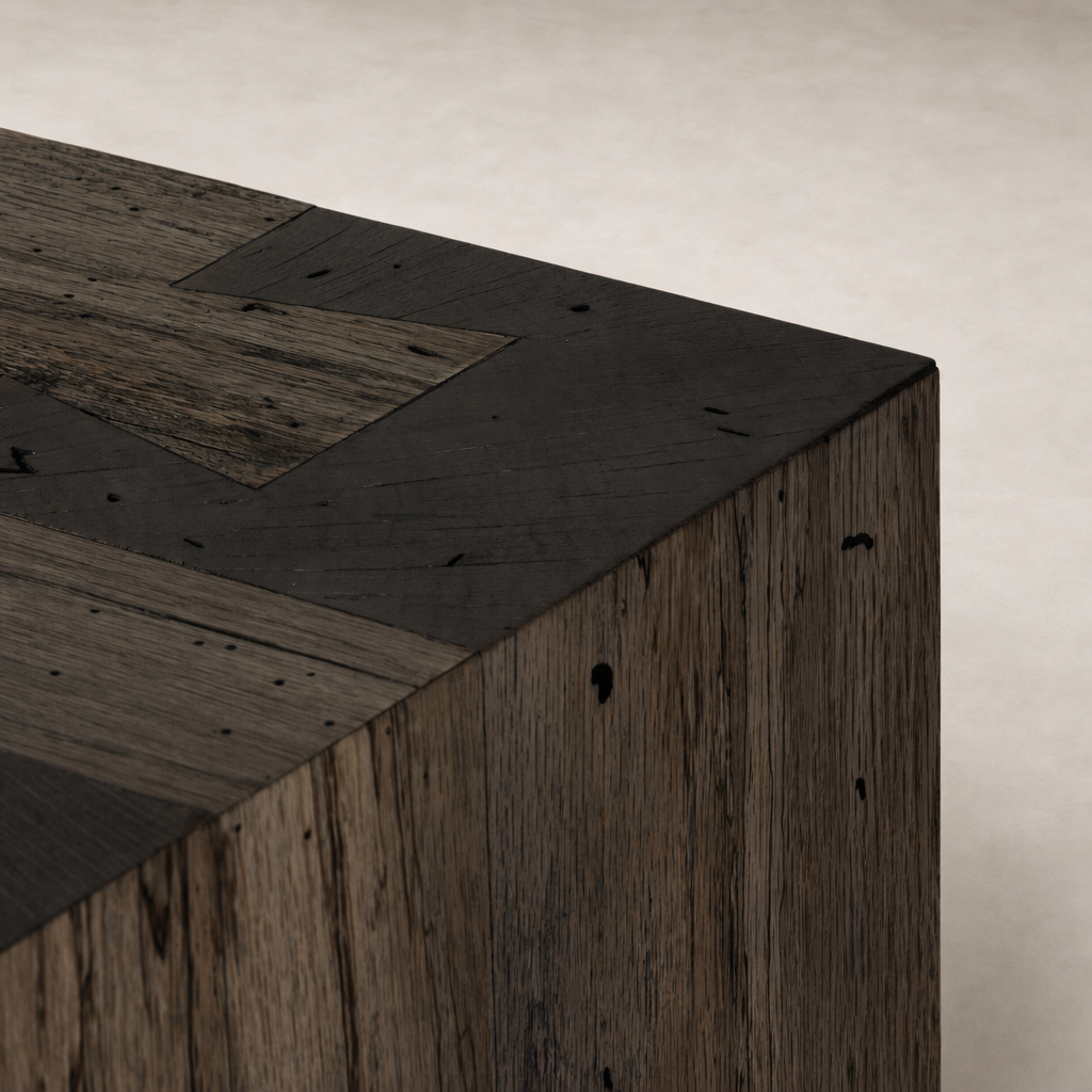 Biscay Sideboard featuring a textured ebony rustic wormwood oak surface and unique geometric patterns.