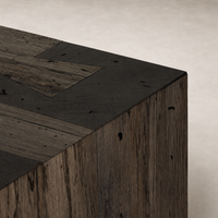 Biscay Sideboard featuring a textured ebony rustic wormwood oak surface and unique geometric patterns.