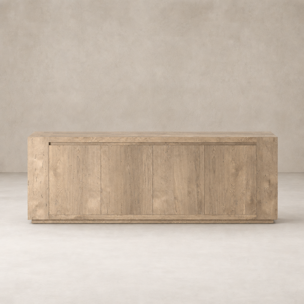 Biscay Sideboard in whitewash rustic wormwood oak with sleek lines and smooth finish.