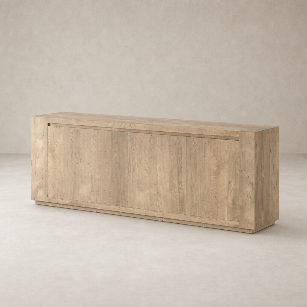 Biscay Sideboard in whitewash rustic wormwood oak with a sleek, modern design.