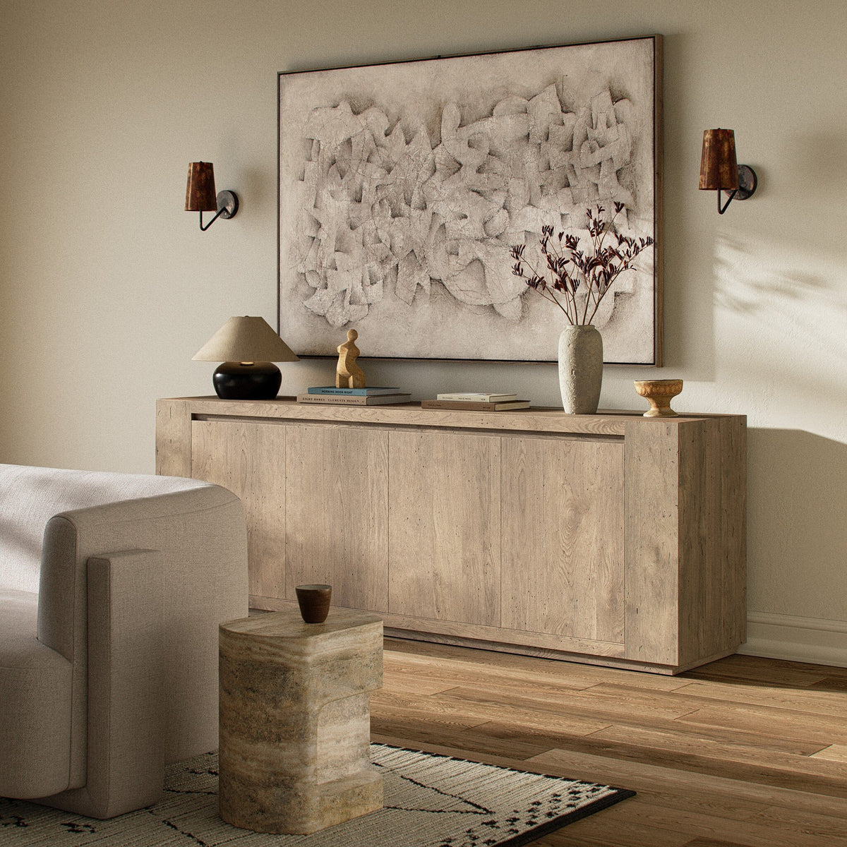 Biscay Sideboard in whitewash rustic wormwood oak, featuring sleek lines and modern design.