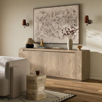 Biscay Sideboard in whitewash rustic wormwood oak, featuring sleek lines and modern design.