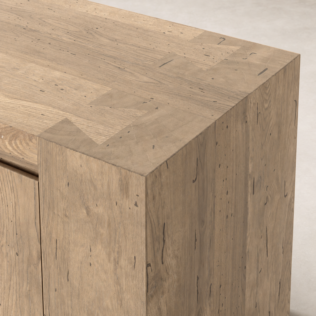 Close-up of the Biscay Sideboard showcasing its whitewash rustic wormwood oak finish.