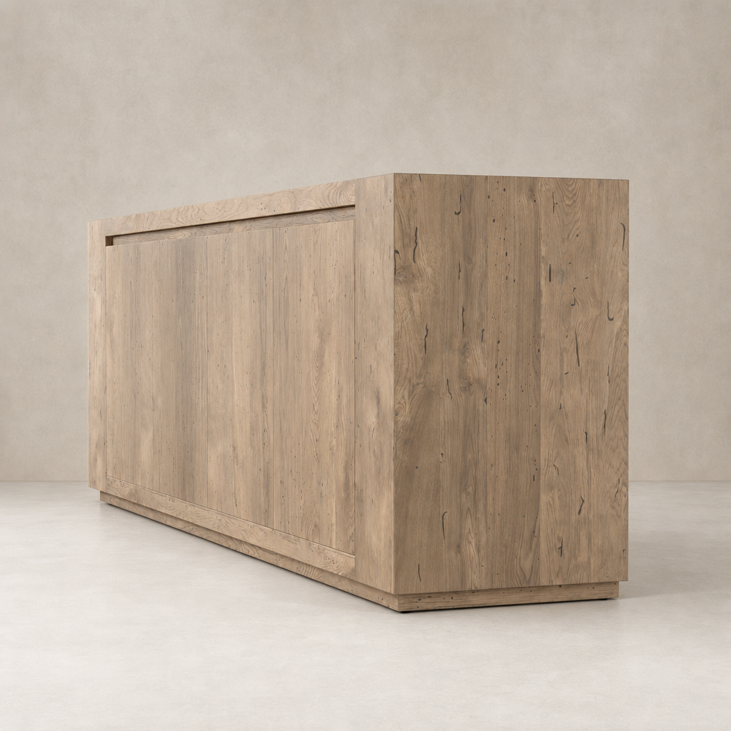 Biscay Sideboard in whitewash rustic wormwood oak with sleek, modern design.