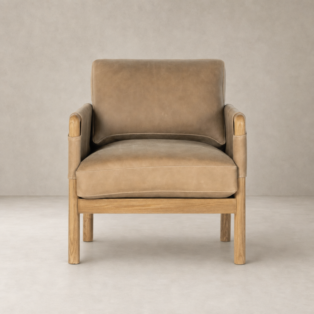 Soleil Chair in Palermo Drift with a sleek wooden frame and plush leather upholstery.