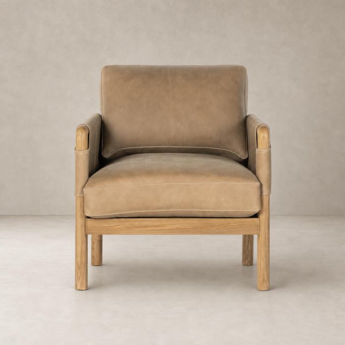 Soleil Chair in Palermo Drift with a sleek wooden frame and plush leather upholstery.