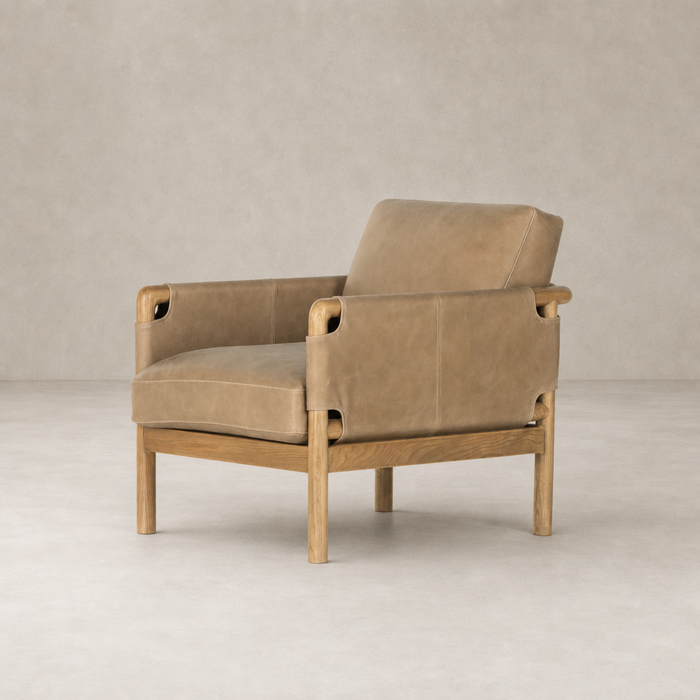 Soleil Chair in Palermo Drift features a minimalist design with natural wood legs.