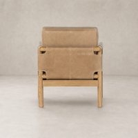 Soleil Chair in Palermo Drift with streamlined design and oak frame, viewed from behind.