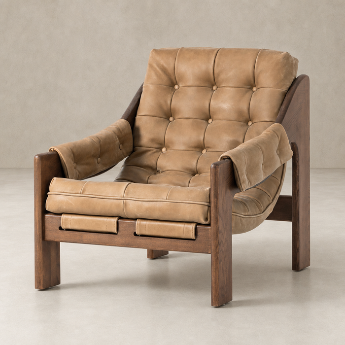 Langston Chair in Palermo Drift with plush tufted cushions and wood frame.
