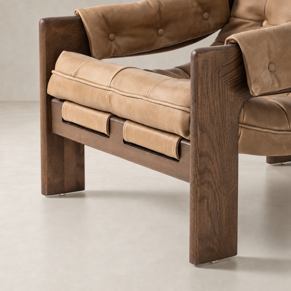 Langston Chair in Palermo Drift with plush cushions and dark wooden frame.
