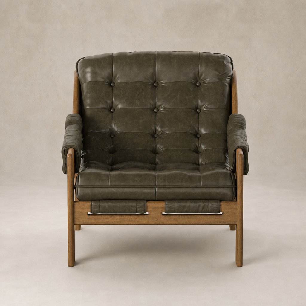 Langston Chair in Dulane Moss featuring tufted leather and sleek wooden armrests.