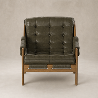 Langston Chair in Dulane Moss featuring tufted leather and sleek wooden armrests.