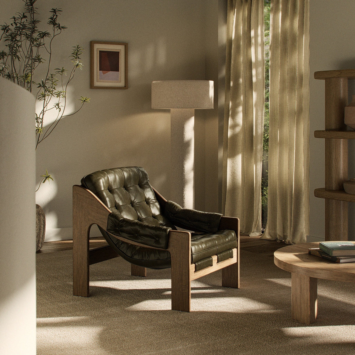 Langston Chair in Dulane Moss with tufted upholstery and natural wood frame.