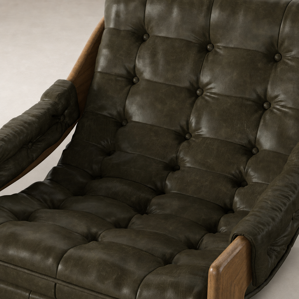 Langston Chair in Dulane Moss with tufted cushions and wooden armrests.