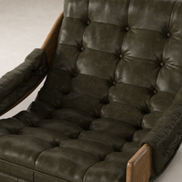 Langston Chair in Dulane Moss with tufted cushions and wooden armrests.