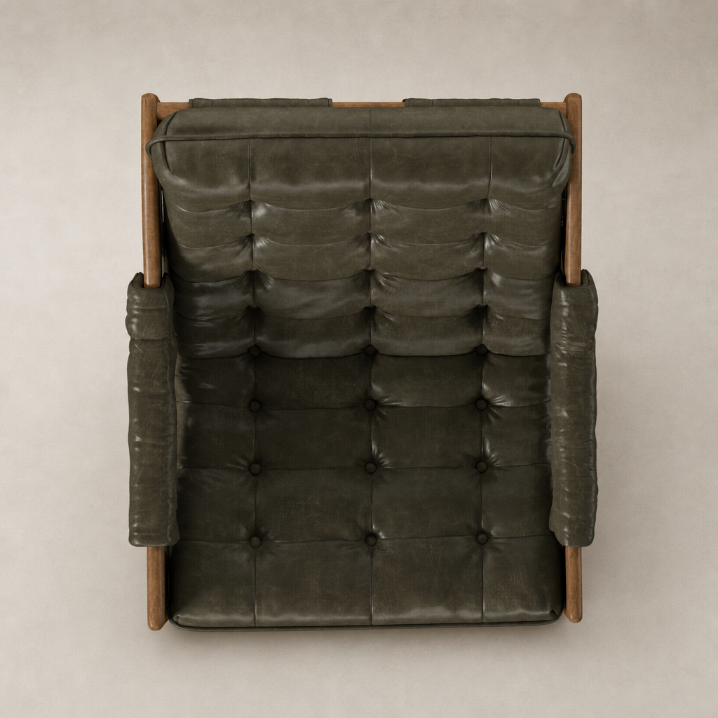 Tufted upholstery and wooden arms define the Langston Chair in Dulane Moss.