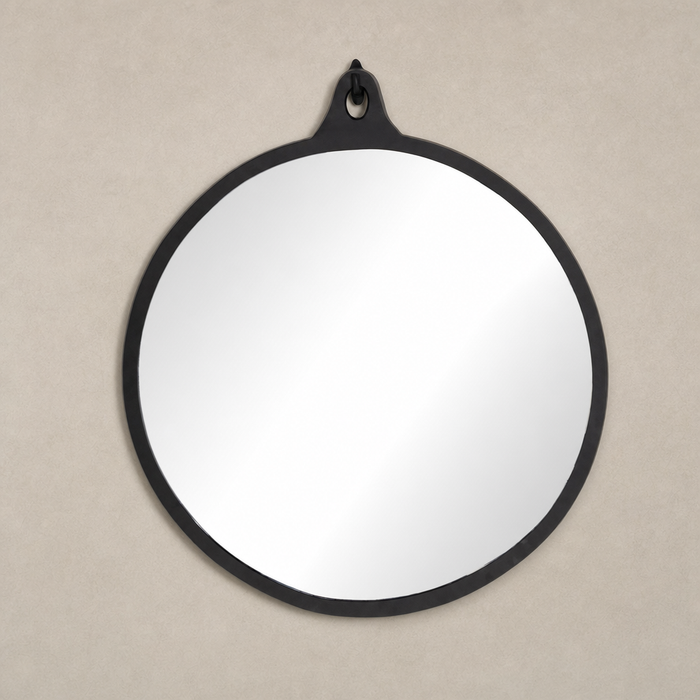 Knox Round Mirror with a sleek black aluminum frame and minimalist design.