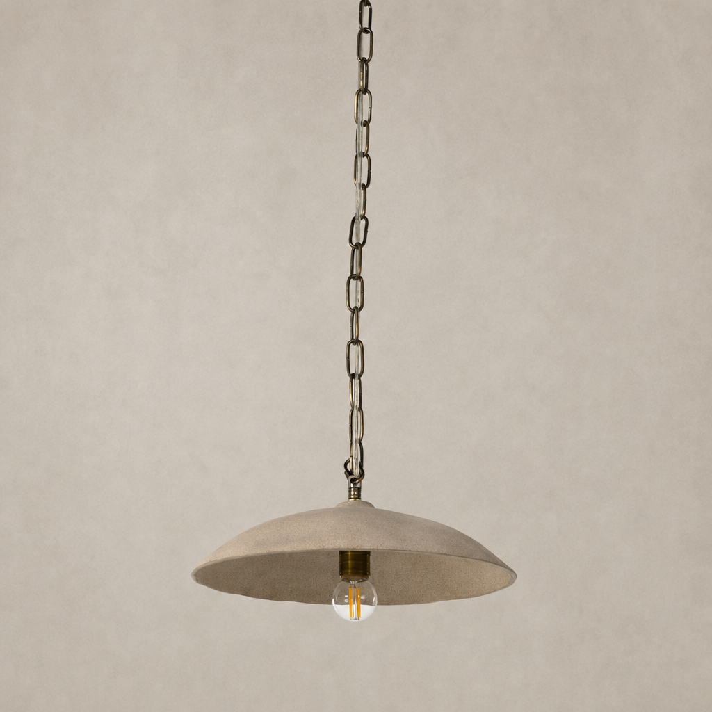 Light sand porcelain ceramic pendant with a sleek design and brass chain.