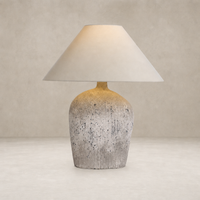 Antique white ceramic table lamp with a conical shade and textured base.