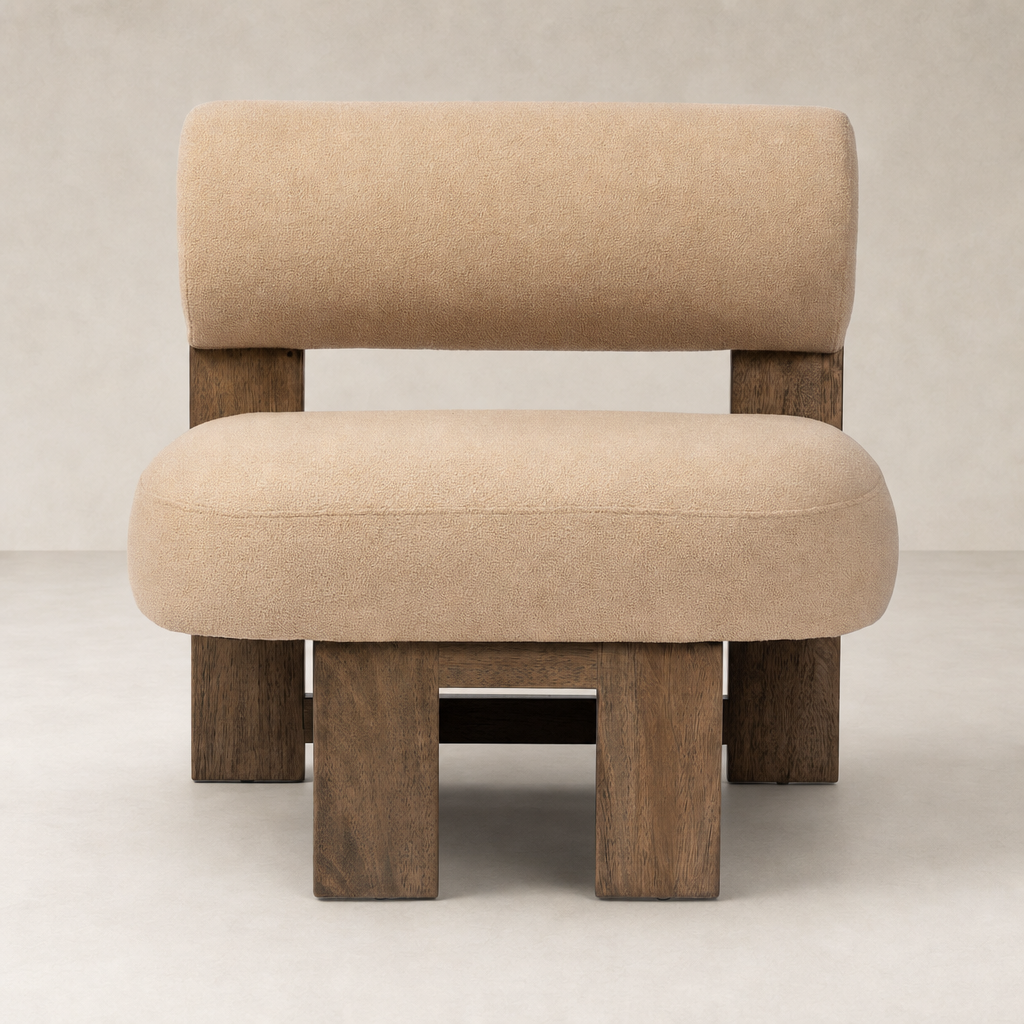 Isla Chair in Piermont Sand with plush fabric and solid wood legs.