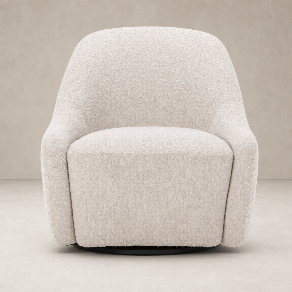 Rose Swivel Chair in Knoll Sand featuring a soft, rounded silhouette and textured fabric.