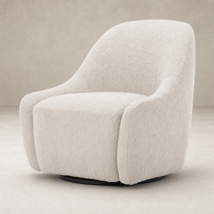 Rose Swivel Chair in Knoll Sand features a soft, rounded shape with textured upholstery.