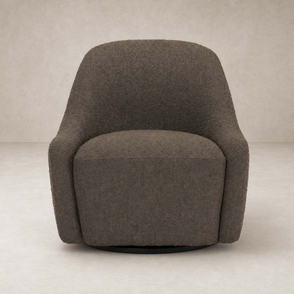 Rose Swivel Chair in Knoll Clay with a soft, textured finish and a modern silhouette.