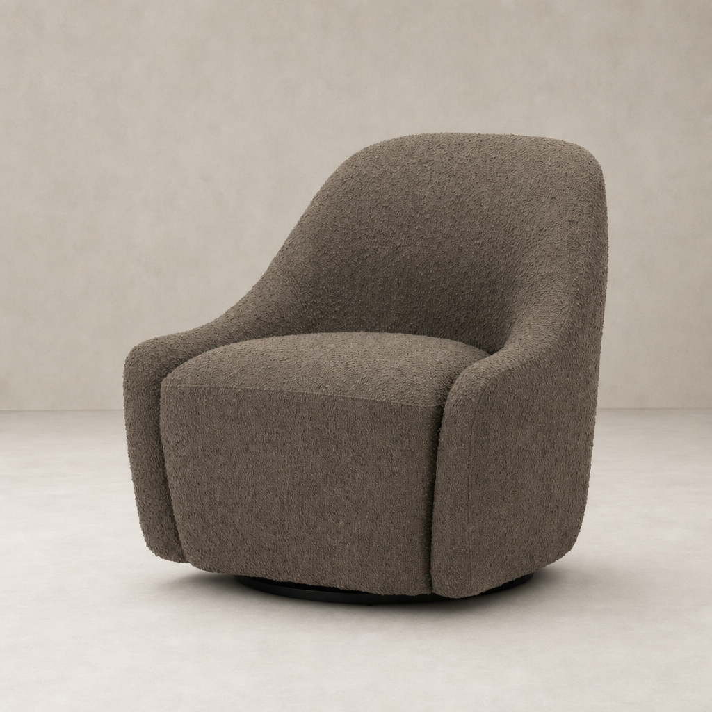 Rose Swivel Chair in Knoll Clay features a cozy, rounded design with textured fabric.