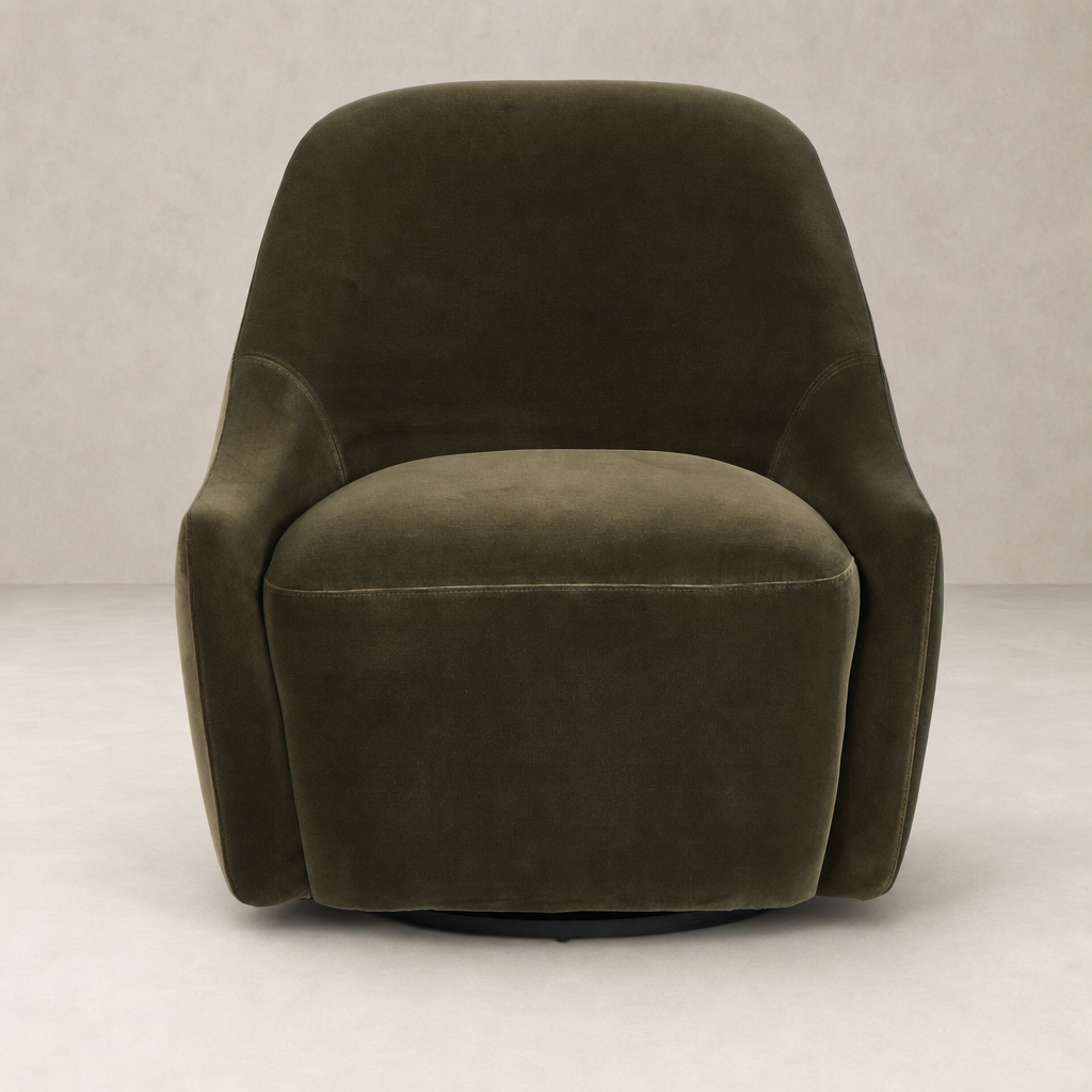 Rose Swivel Chair in Surrey Olive featuring a rounded design and soft upholstery.