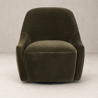 Rose Swivel Chair in Surrey Olive featuring a rounded design and soft upholstery.