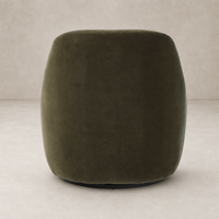Rose Swivel Chair in Surrey Olive features a plush, rounded design with a soft texture.