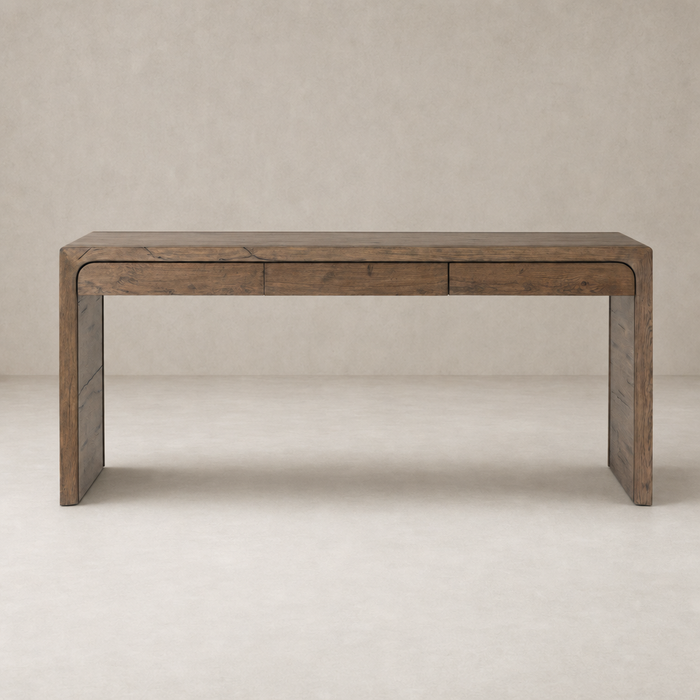 Rustic grey Zinnia Desk with a sleek, modern design and two drawers.