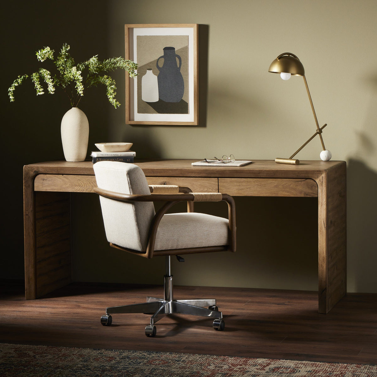 Rustic grey Zinnia desk with smooth finish and built-in storage drawer.