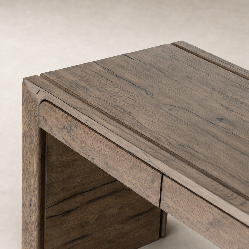 Rustic grey Zinnia Desk featuring a unique, slatted top and sturdy wooden construction.