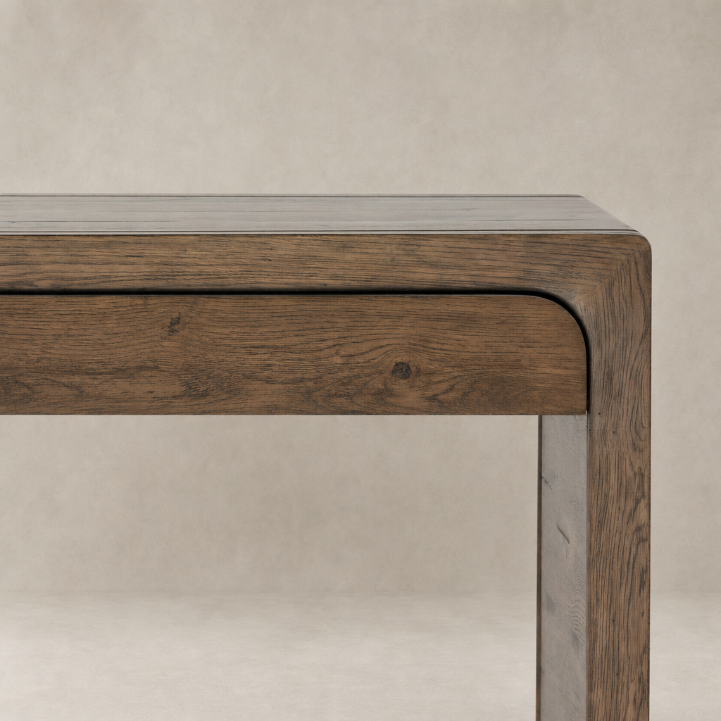 Rustic grey Zinnia Desk with smooth finish and rounded edges, showcasing natural wood grain.