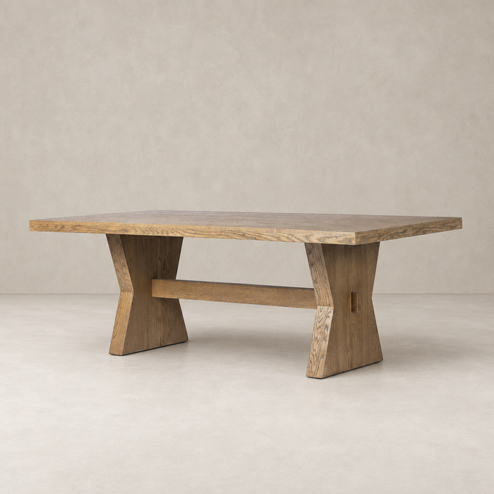 Pelton Dining Table in drifted oak with a stylish, modern design and sturdy legs.