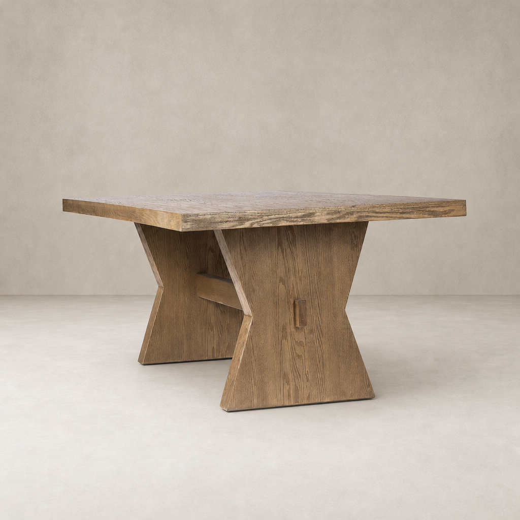 Pelton Dining Table in drifted oak with a modern X-shaped base and textured top.