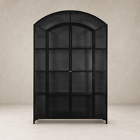 Quinn Wide Metal Cabinet in black features an arched top and multiple shelves.