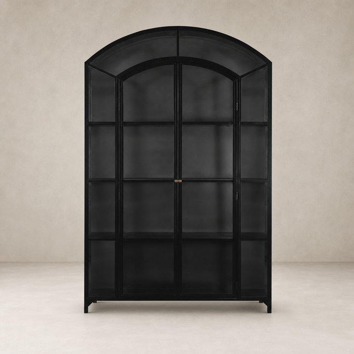 Quinn Wide Metal Cabinet in black features an arched top and multiple shelves.