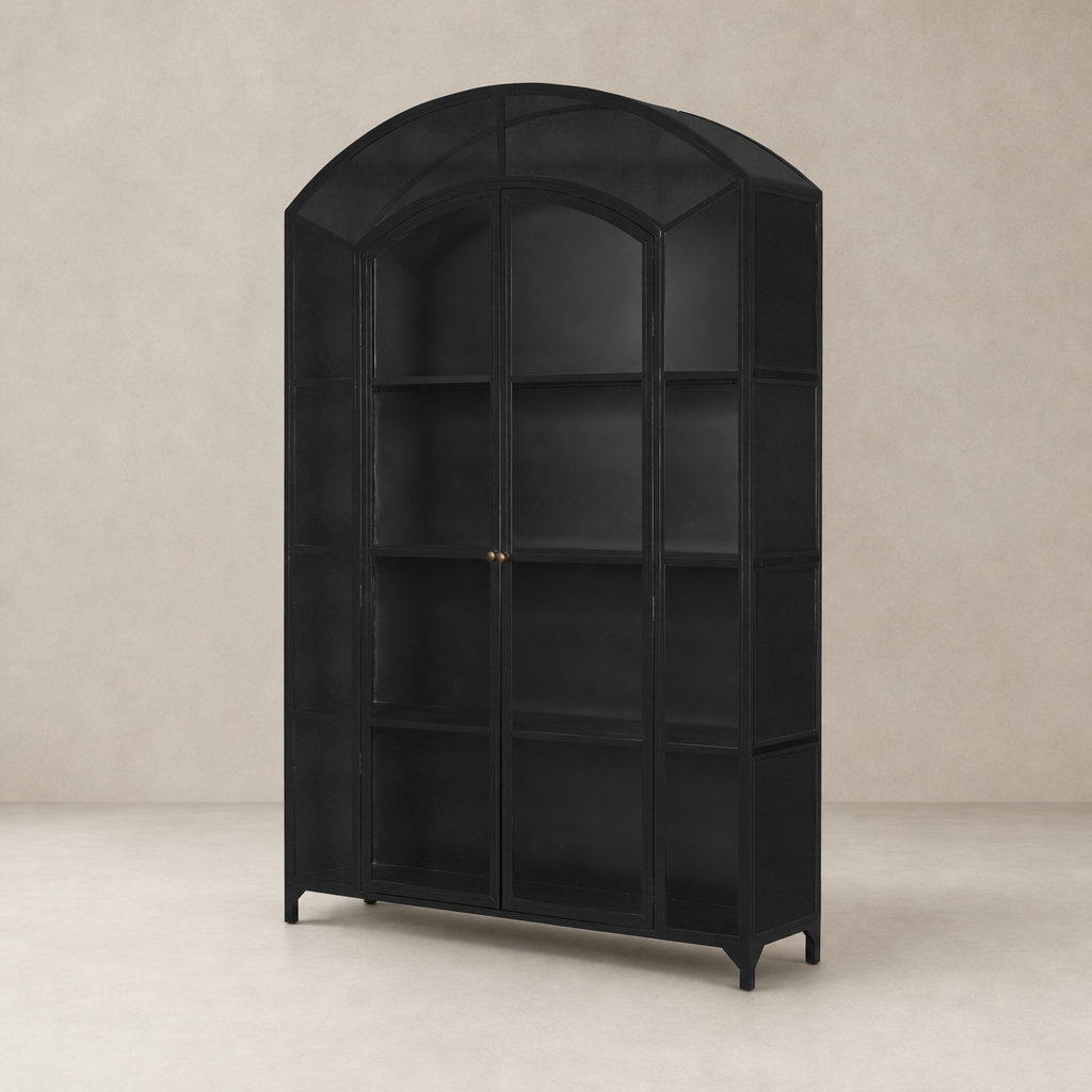 Quinn Wide Metal Cabinet in black featuring an arched top and spacious shelving.
