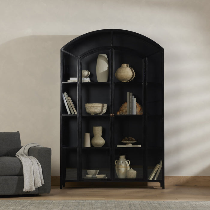 Quinn Wide Metal Cabinet in black featuring an arched top and spacious shelves.
