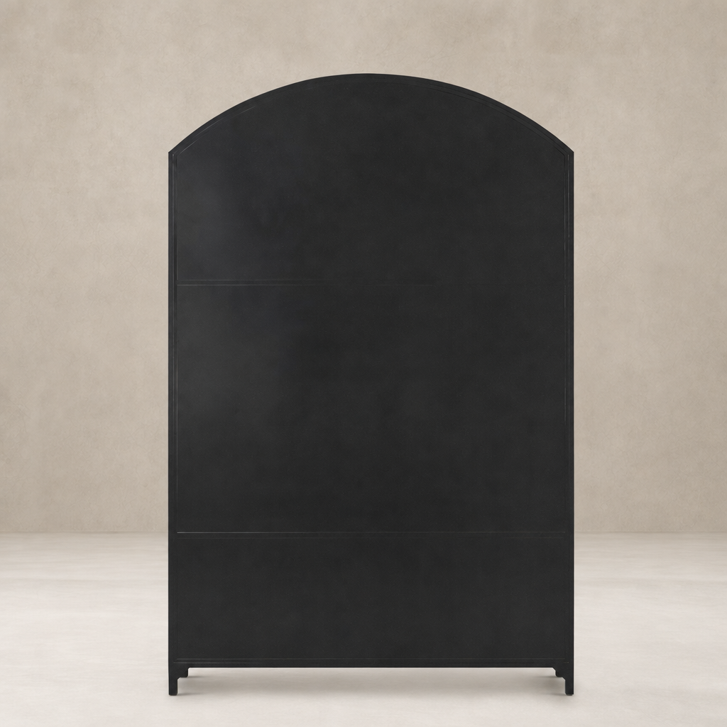 Quinn Wide Metal Cabinet in black with a sleek arched top design.