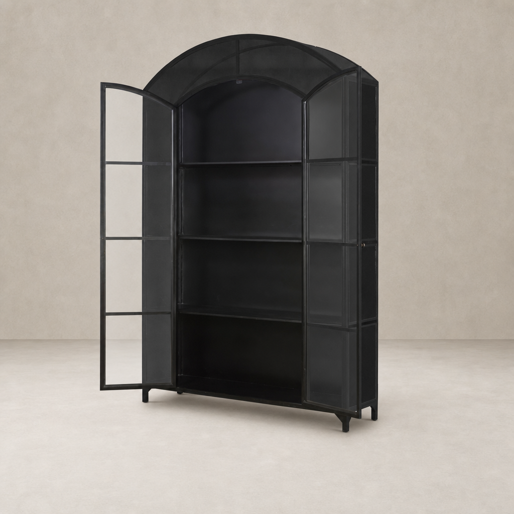 Quinn Wide Metal Cabinet in sleek black features open shelves and glass doors.