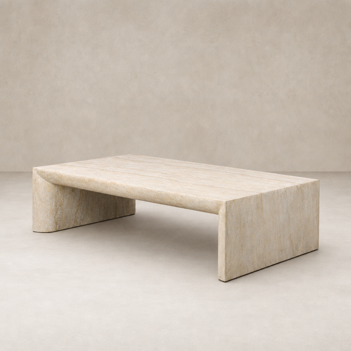 Bram Coffee Table in faux travertine with sleek, modern design and smooth finish.