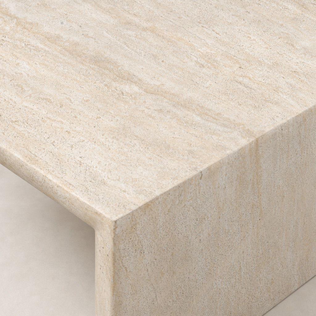 Bram Coffee Table features a sleek faux travertine surface with a minimalist design.
