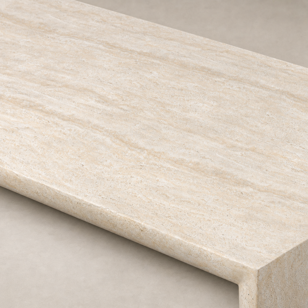 Bram Coffee Table with a smooth faux travertine surface and modern design.
