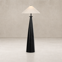 Matte black cast aluminum tapered shade floor lamp with a cone-shaped base.